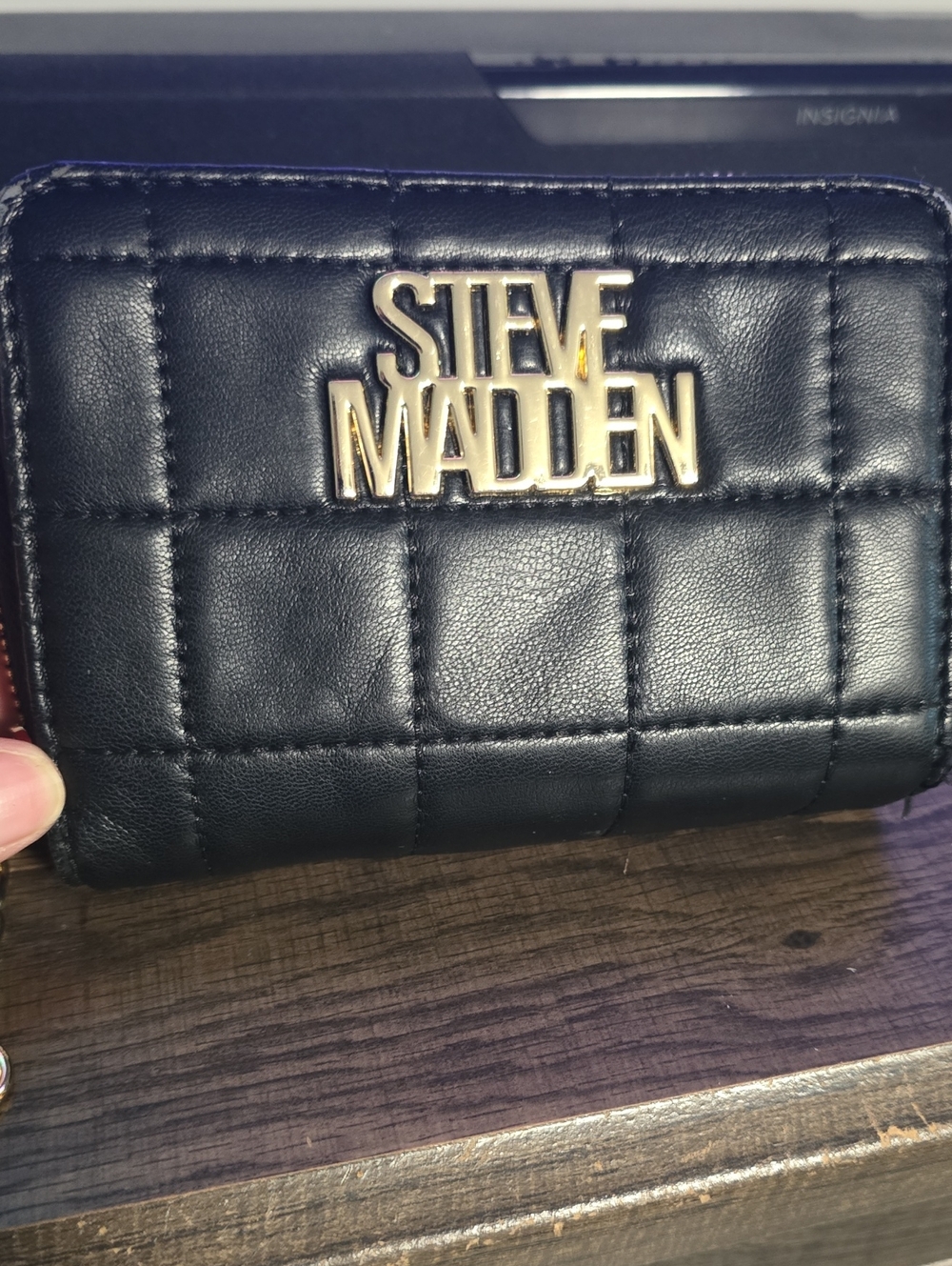 Steve Madden Black Quilted Wallet with Gold Logo Accent